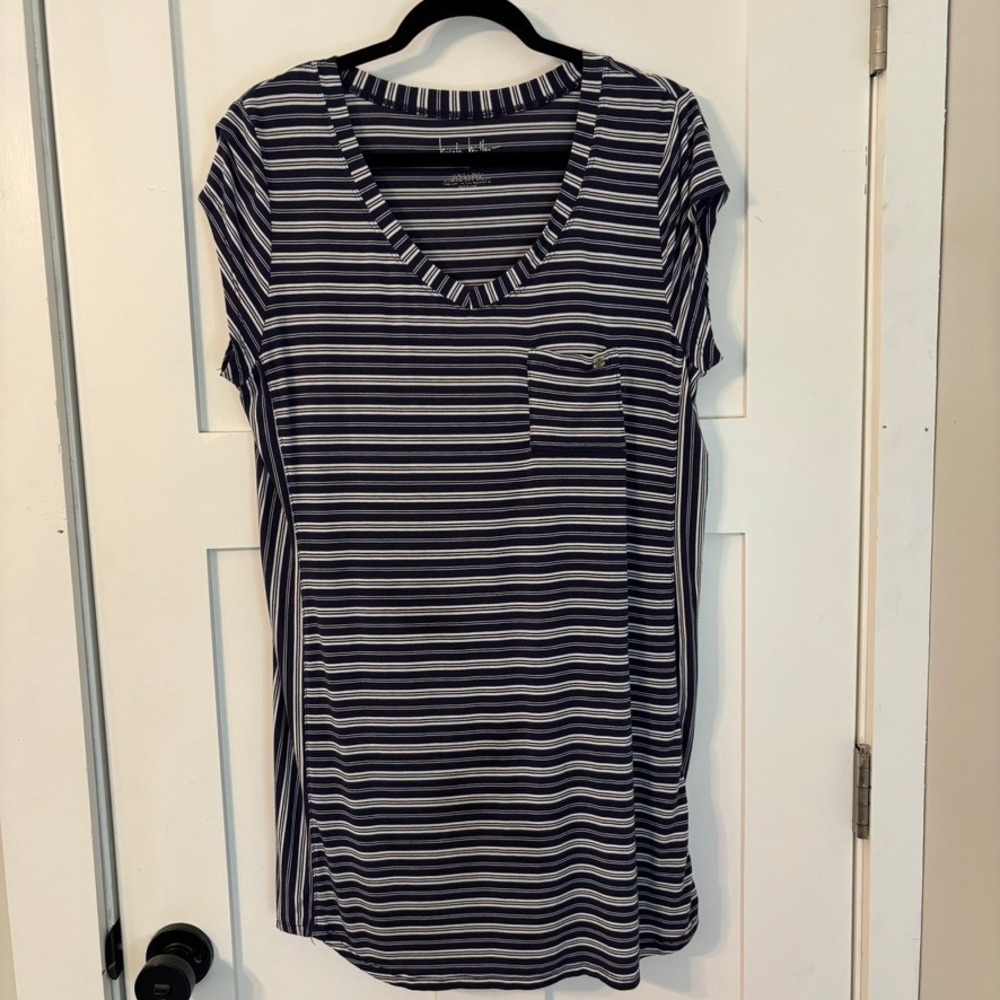 Nicole Miller New York XL Navy Striped T-Shirt Mini Dress V-Neck Pocket Nautical
